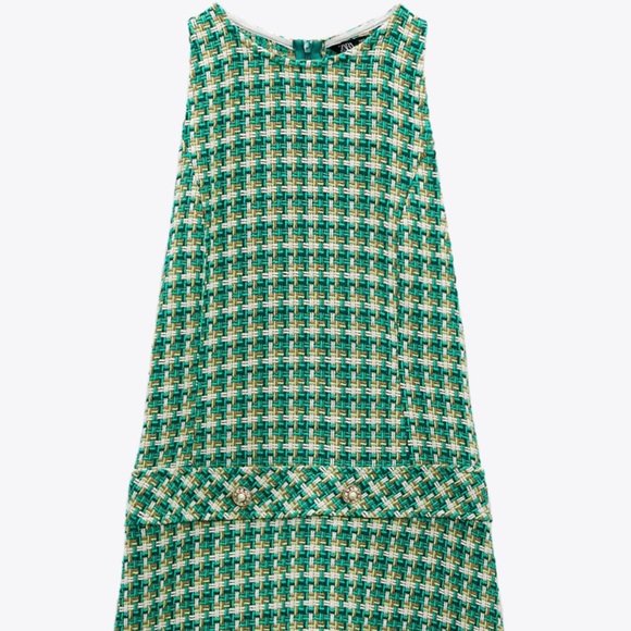 ZARA WOMAN NEW HOUNDSTOOTH TEXTURED PINAFORE DRESS GREEN SIZE XS EXTRA SMALL NWT - Picture 7 of 9